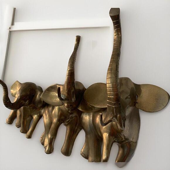 Other - Vintage 19” 3 Elephants Trunk Up Brass Metal Wall Hanging Art Large Patina
